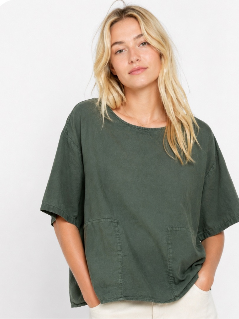 Eileen Fisher 100% Organic Linen Oversized Green Top Women’s M Minimalist Casual